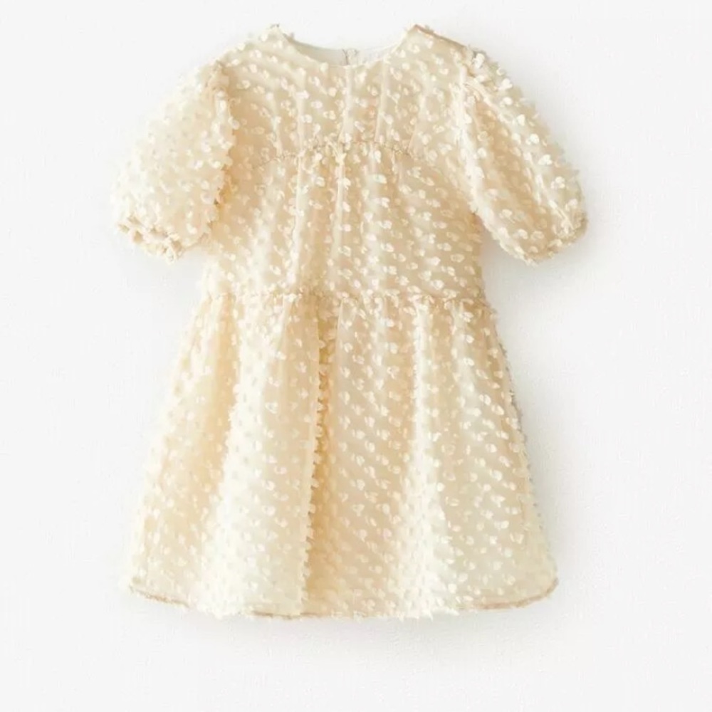 Zara Kids Girl Voluminous Dotted Mesh Dress 7 Ecru 1105/313